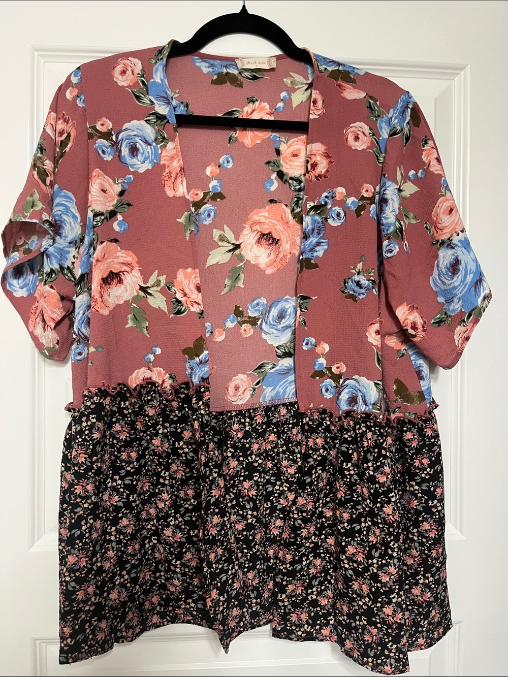 Altar'd State Dusty Rose Tunic with Blue & Black Floral Panels